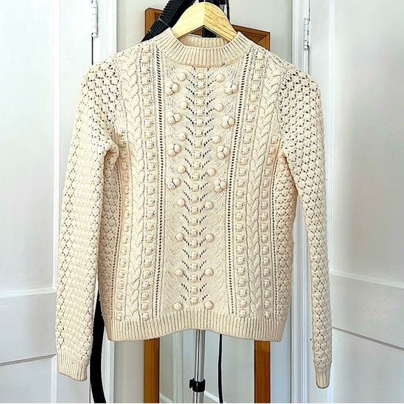 Sezane Sweaters - Sezane Ecru Cream Ivory Pom Poms Textured Knit Sweater Crewneck XS Wool